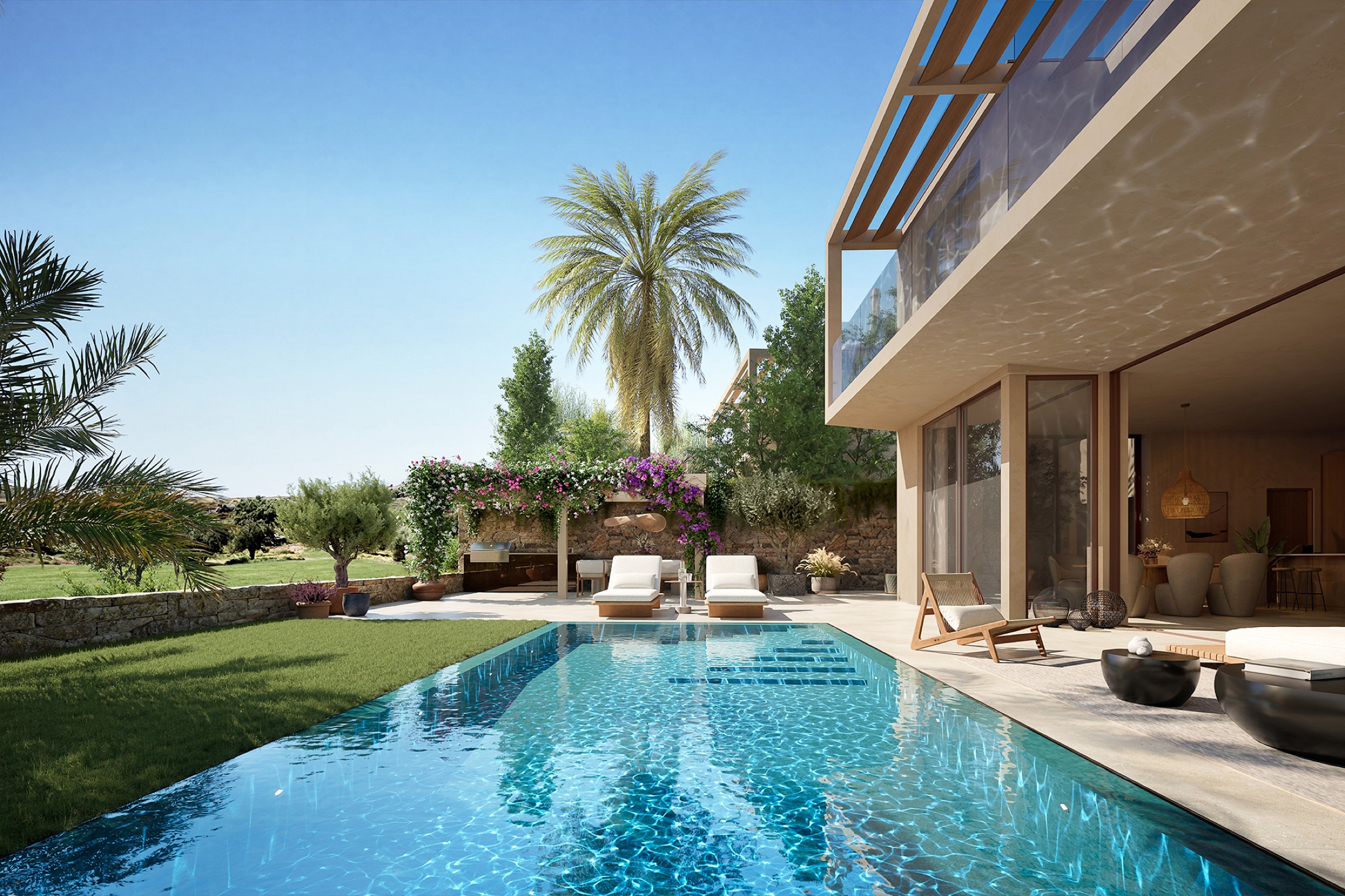 Private pool and garden with the golf valley beyond