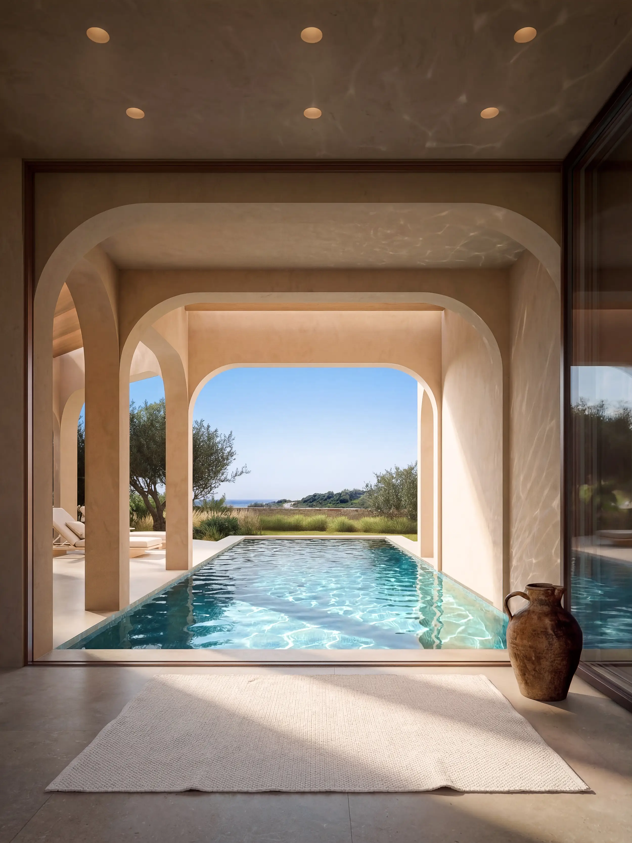 Covered pool terrace in natural stone