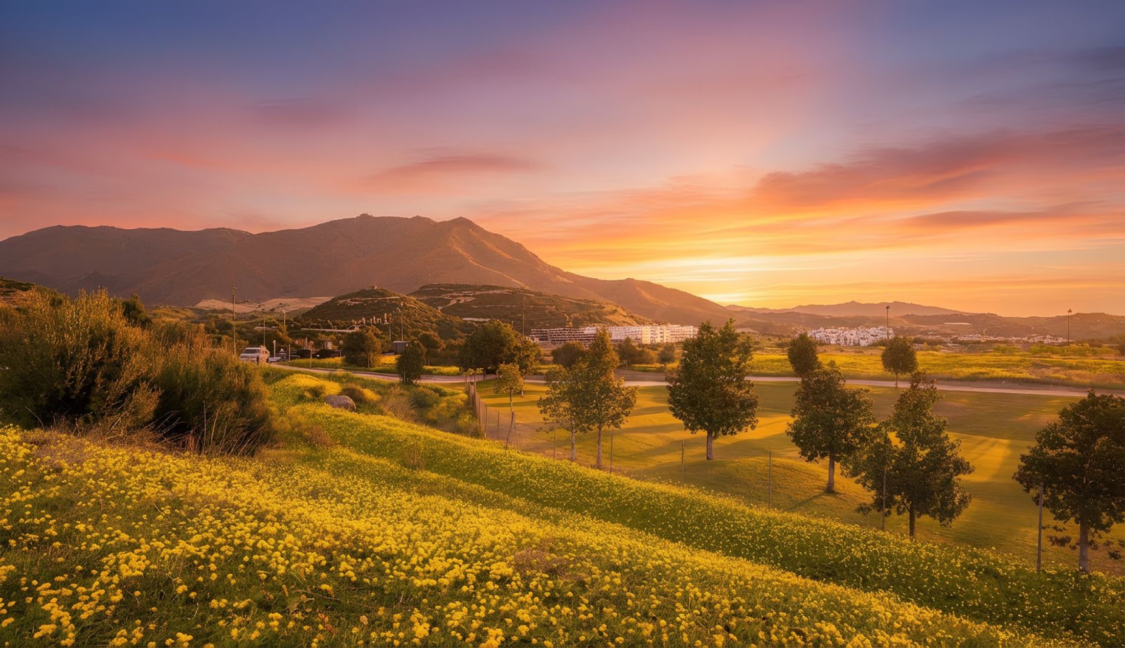 Sunset over the golf valley at Estepona, with the Sierra Bermeja behind